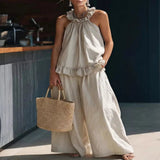 Full Size Ruffled Halter Neck Top and Wide-Leg Pants Set Plus Size - Blue