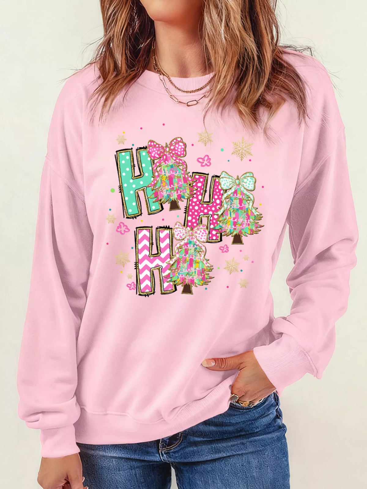 HO HO Christmas Tree Graphic Pullover Sweatshirt - Blush Pink