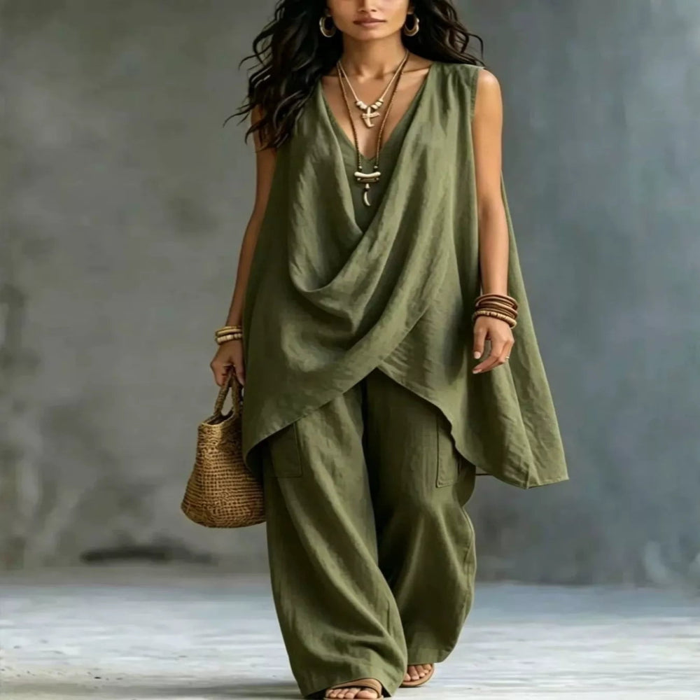 Sleeveless Asymmetrical Top and Wide-Leg Pants Set - Black
