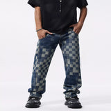 Men's Checkerboard Pattern Relaxed Fit Jeans - Blue