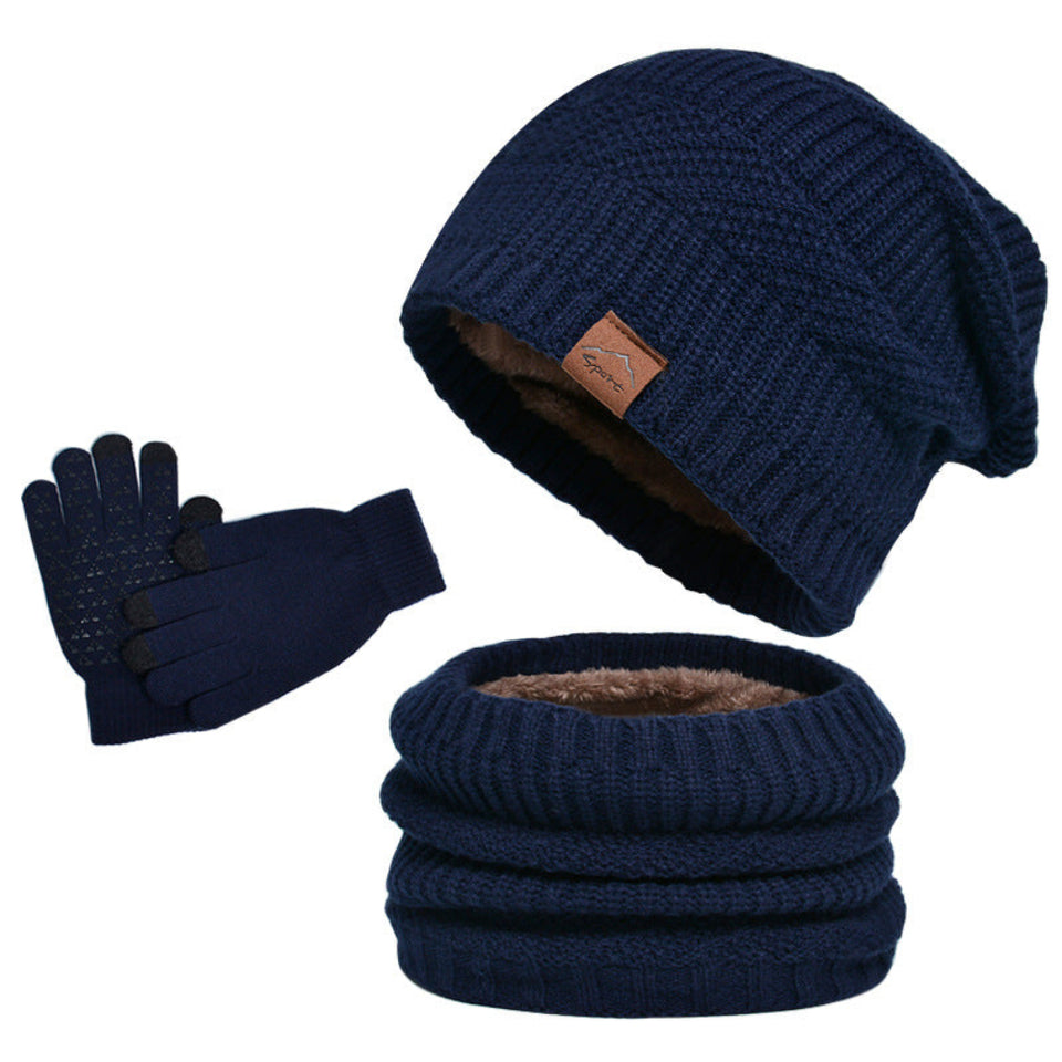 Winter fleece-lined knit hat, matching scarf, and gloves three-piece set in khaki for cold weather.