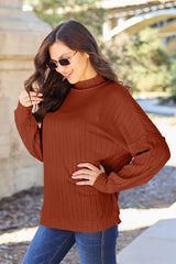 Basic Bae Full Size Ribbed Exposed Seam Mock Neck Knit Top - Turquoise