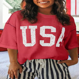 Twisted Rib Vintage USA Letter Print T-Shirt - Scarlet