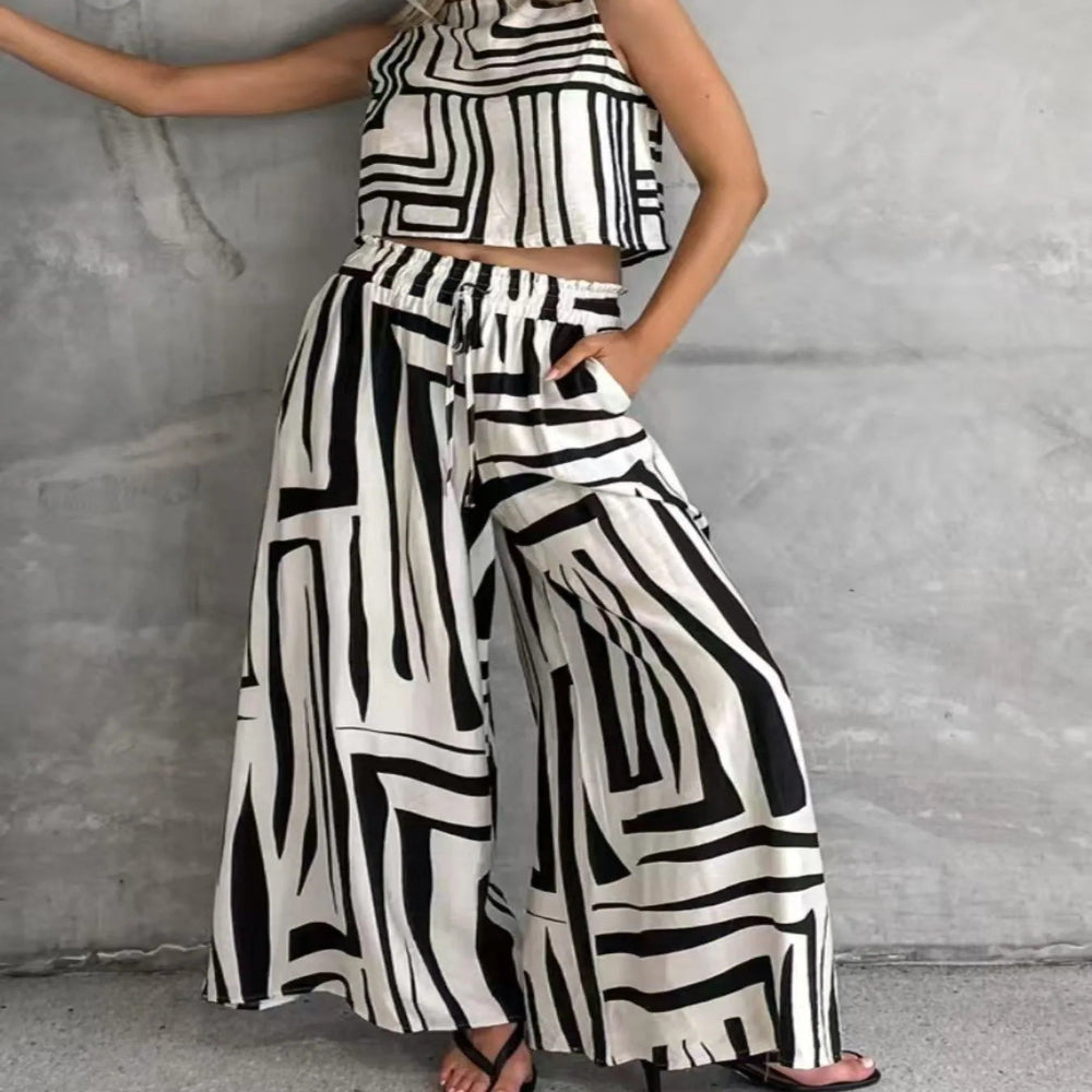 Geometric Print Sleeveless Top and Wide Leg Pants Set - White