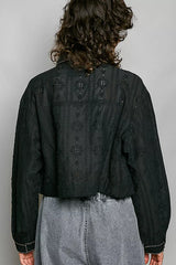 POL Cropped Button-Front Eyelet Cotton Jacket - BLACK