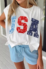 USA Color Block Letter Graphic Dolman Tee - White