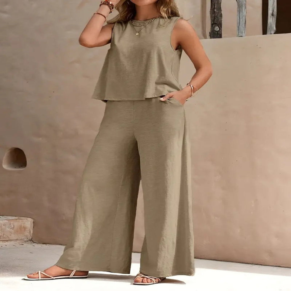 Women's casual two-piece outfit with sleeveless top and wide-leg pants set