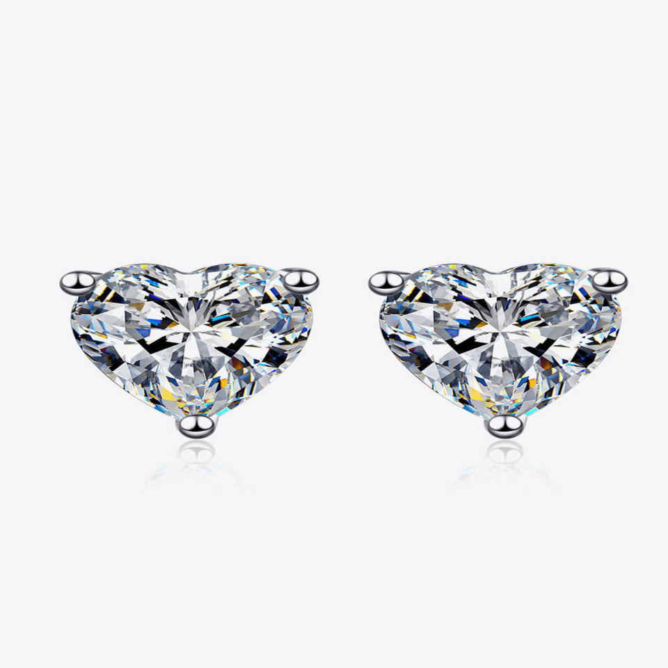 2 carat heart-shaped moissanite stud earrings with brilliant sparkling gemstones.