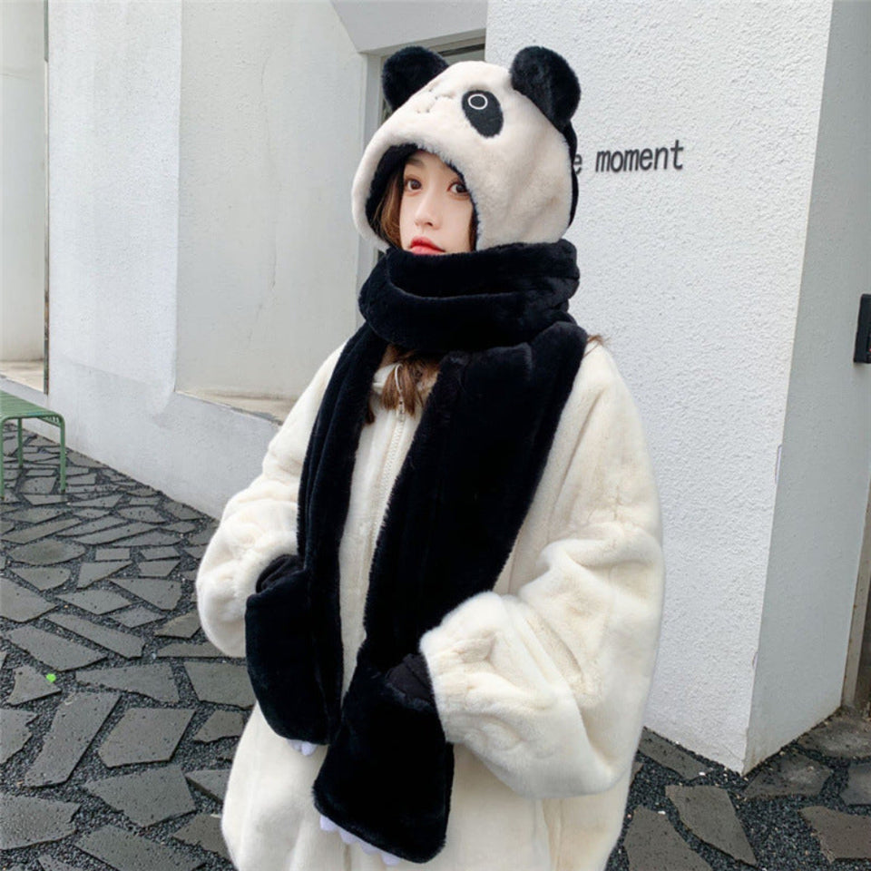 Women's winter hat, scarf, and gloves 3-piece set with soft warm knit fabric and cute bear design for cold weather.