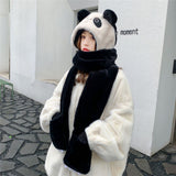 Women's winter hat, scarf, and gloves 3-piece set with soft warm knit fabric and cute bear design for cold weather.