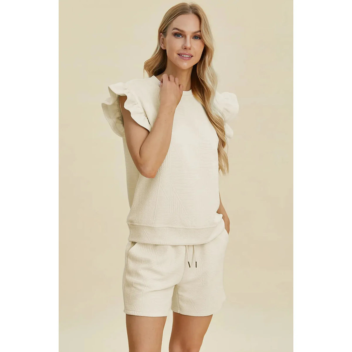 Double Take Full Size Texture Round Neck Ruffle Sleeve Top and Shorts Set - Dark Green