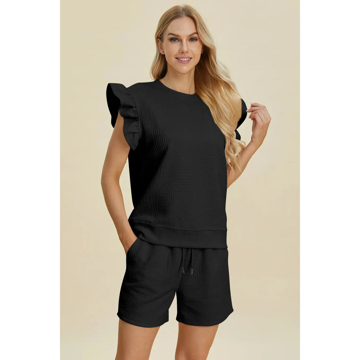 Double Take Full Size Texture Round Neck Ruffle Sleeve Top and Shorts Set - Khaki