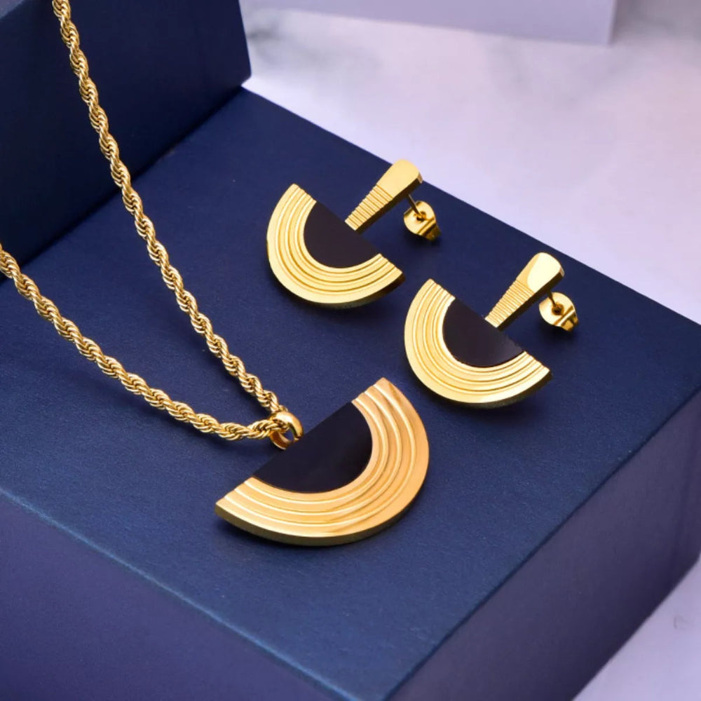 Geometric Half-Circle 18K Gold-Plated Necklace Ring and Earrings Jewelry Set - Ivory