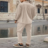 Men's Full Size Button Up Long Sleeve Shirt and Pants Set Plus Size - Khaki
