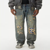 Men's Distressed Plaid Patch Wide Leg Jeans - Blue