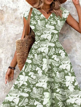 Full Size Printed V-Neck Tiered Maxi Dress Plus Size - Green