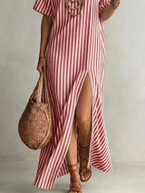 Full Size Striped Maxi Dress with Side Slit Plus Size - Light Blue