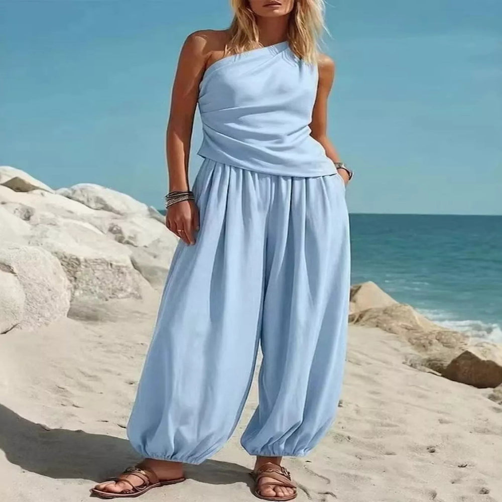 Full Size One-Shoulder Top and Wide-Leg Pants Set Plus Size - Light Blue