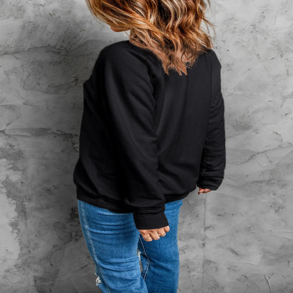 Skull Graphic Round Neck Long Sleeve Sweatshirt - Black