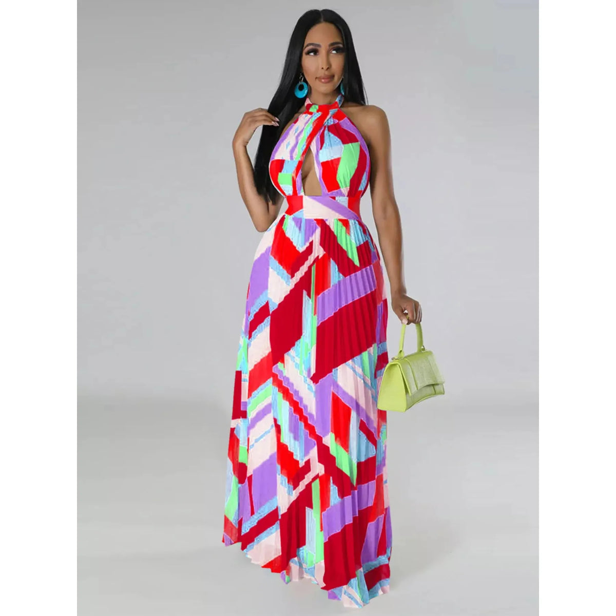 Halter Neck Geometric Print Pleated Maxi Dress - Black