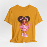 Cute Girl Graphic Tee — Pink Cartoon Doll Illustration T-Shirt