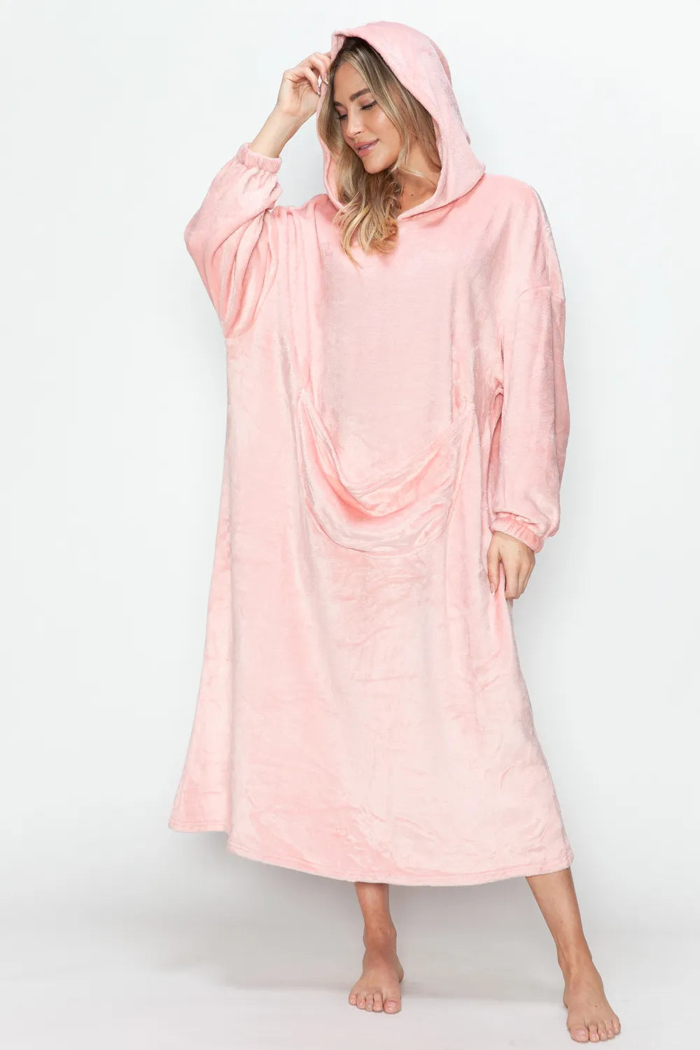 Double Take Full Size Pocketed Hooded Midi Lounge Dress - Dusty Pink