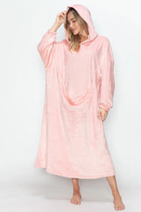 Double Take Full Size Pocketed Hooded Midi Lounge Dress - Dusty Pink