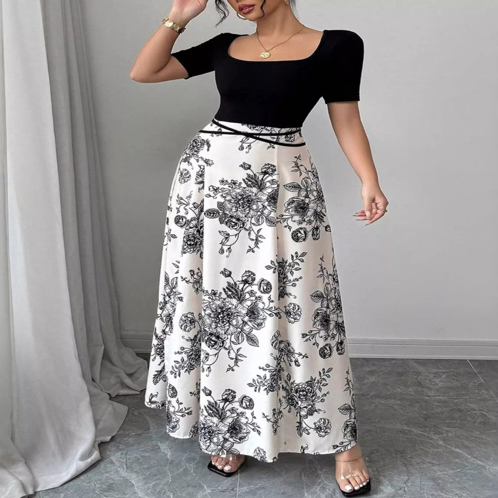 Floral Print Square Neck Maxi Dress - Black