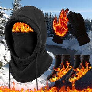 Warm winter gift set including matching hat, gloves, and cozy socks.