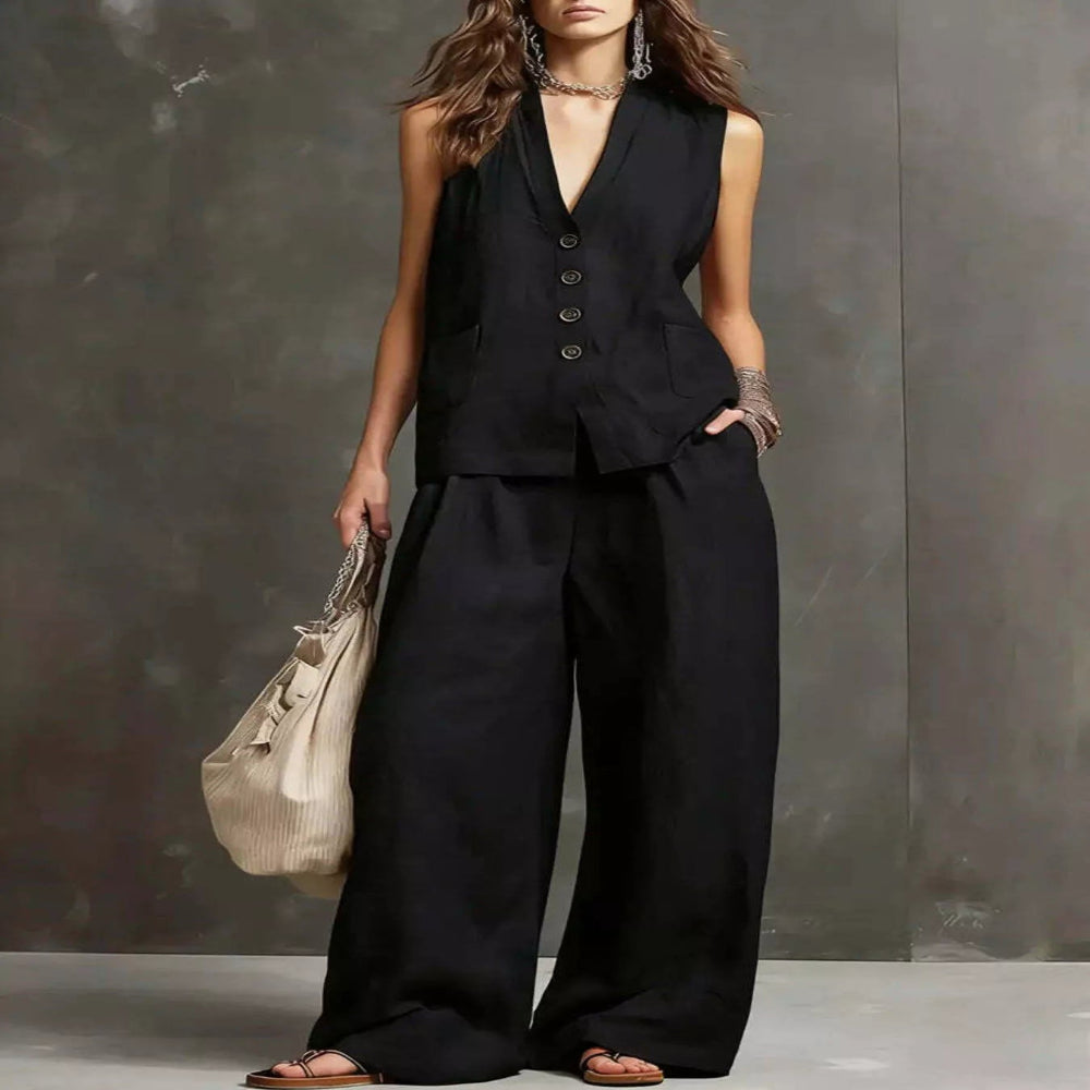 Full Size Sleeveless Vest and Wide-Leg Pants Set Plus Size - Pink