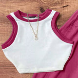 Contrast Trim Tank and Skirt Set - Rose Red