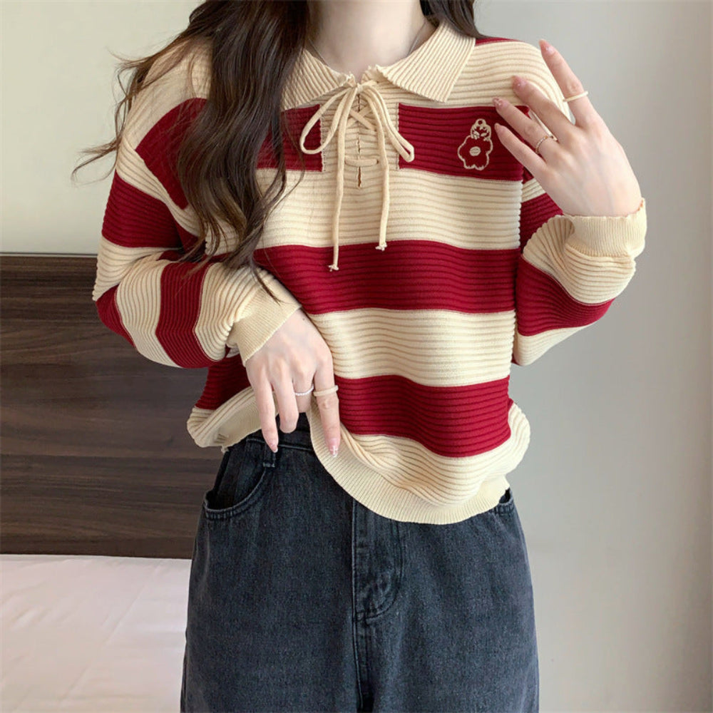 Women's Striped Knit Sweater – Casual Long Sleeve Pullover - Black