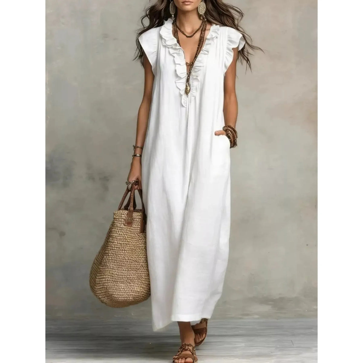 Full Size Ruffled V-Neck Cap Sleeve Maxi Dress Plus Size - Army Green