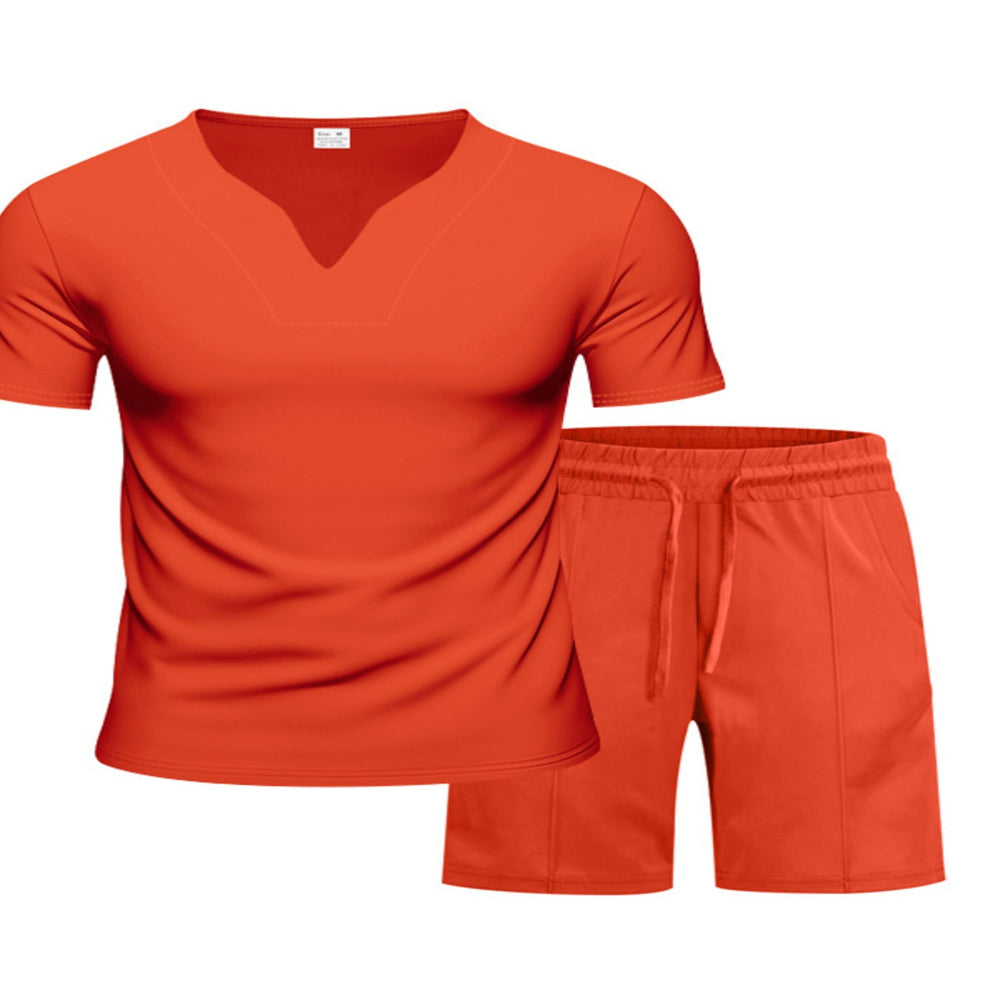 Men's Full Size V-Neck Short Sleeve T-Shirt and Shorts Set Plus Size - Orange