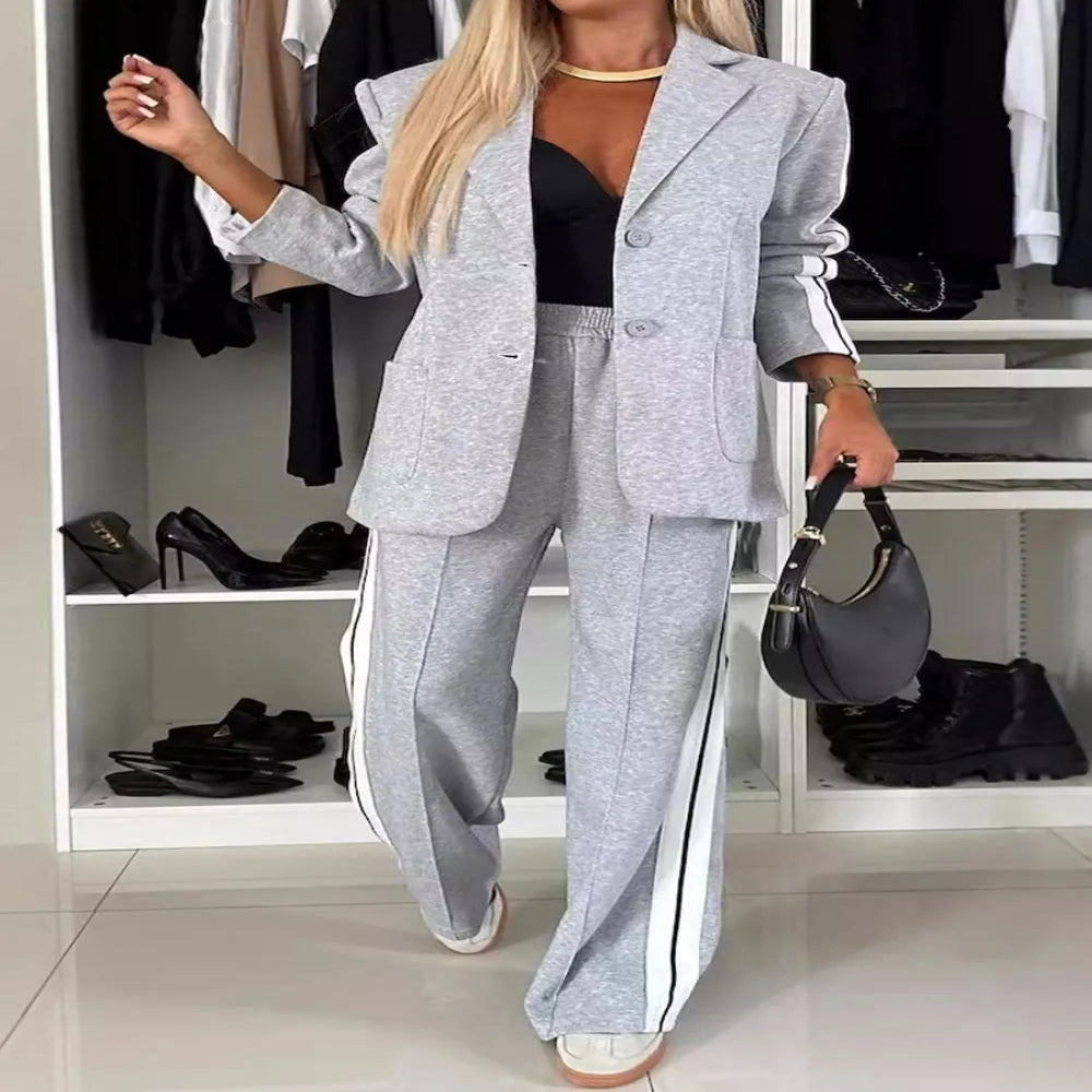 Full Size Contrast Lapel Collar Top and Pants Set - Light Gray