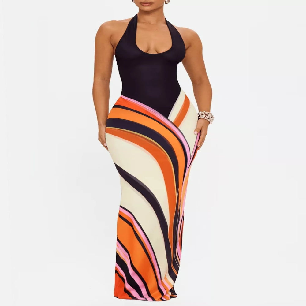 Halter Neck Maxi Dress with Abstract Print - Black