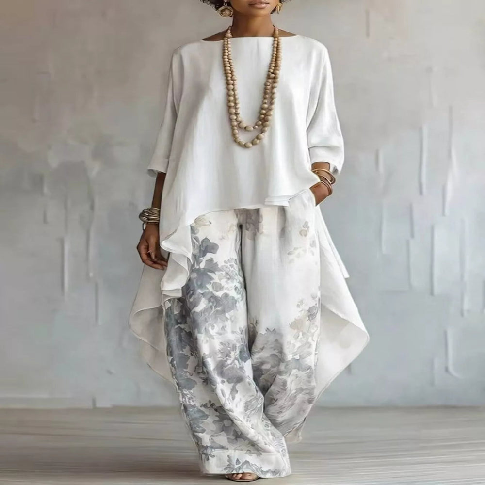Asymmetrical Hem Top and Floral Pants Set - White