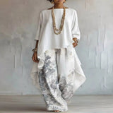 Asymmetrical Hem Top and Floral Pants Set - White