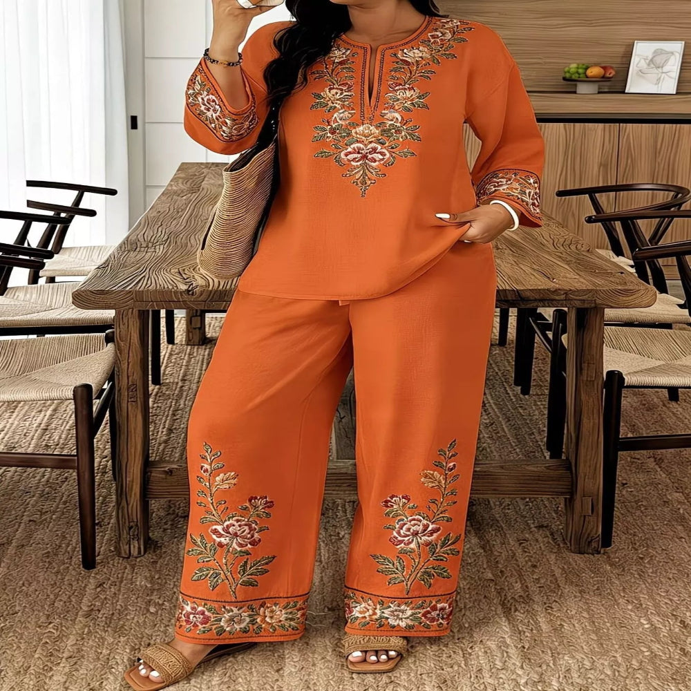 Full Size Embroidered Long Sleeve Top and Pants Set Plus Size - Apricot