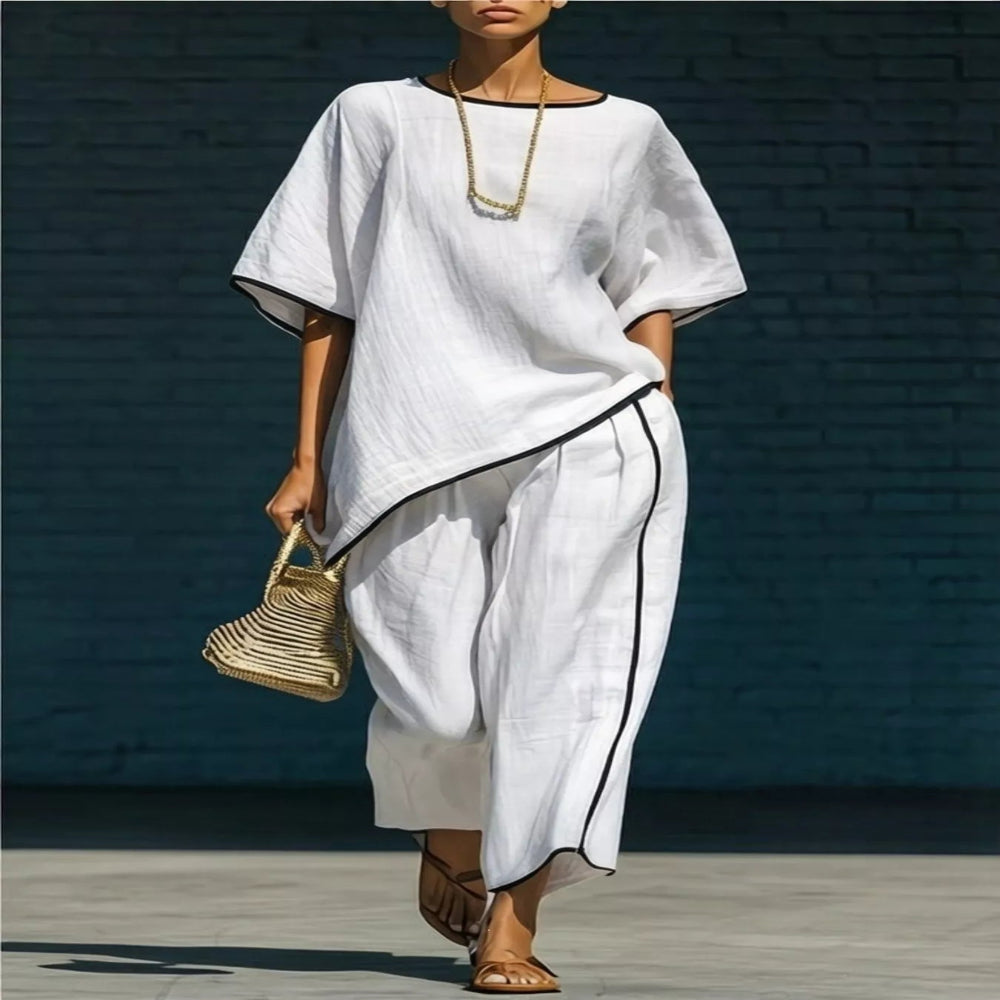 Contrast Trim Round Neck Top and Pants Set - White