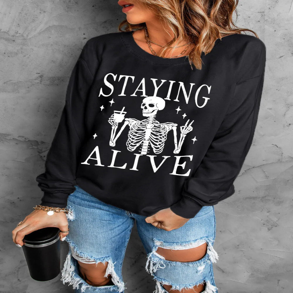 Skull Graphic Round Neck Long Sleeve Sweatshirt - Black