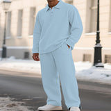 Men's Full Size Textured Long Sleeve Top and Pants Set Plus Size - Light Blue