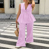 V-Neck Sleeveless Peplum Top and Wide-Leg Pants Set - Blue