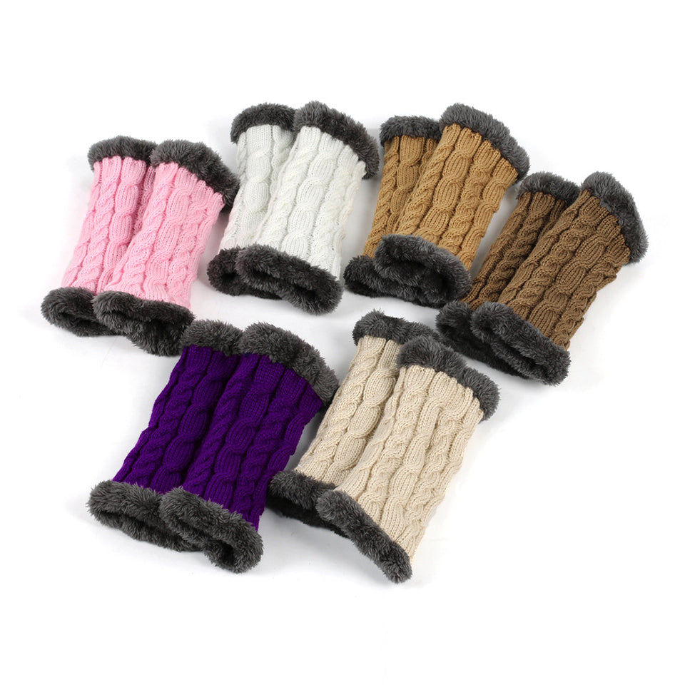 Women's knitted fingerless plush winter gloves with soft fleece lining.