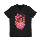 Pink Butterfly Girl V‑Neck Tee — Cute Afrocentric Illustration