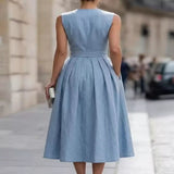 Full Size Sleeveless Button-Front Belted Midi Dress Plus Size - Sea blue
