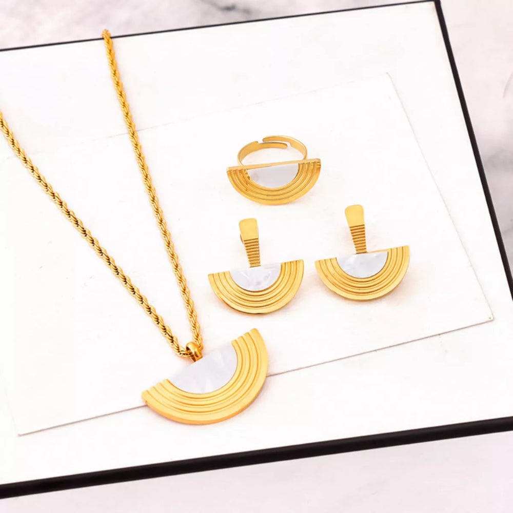 Geometric Half-Circle 18K Gold-Plated Necklace Ring and Earrings Jewelry Set
