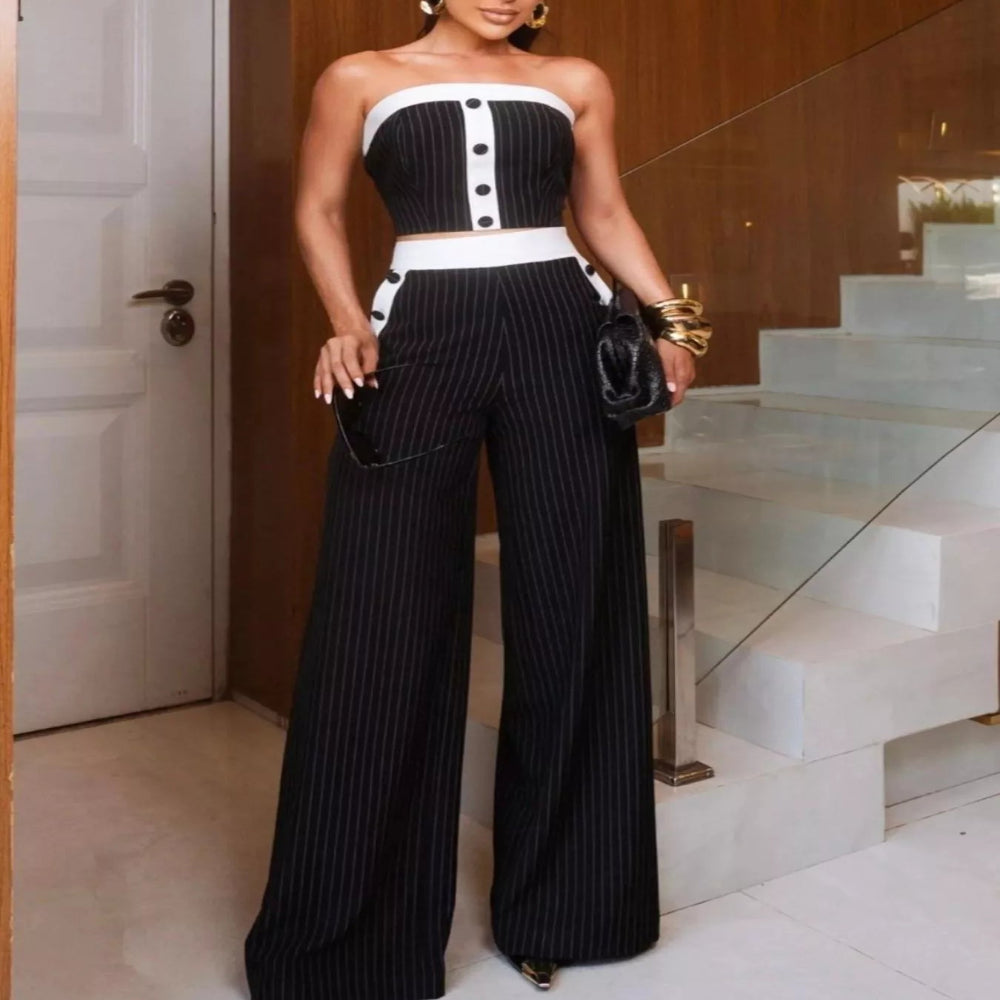 Striped Strapless Crop Top and Wide-Leg Pants Set - Black
