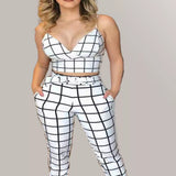 Grid Print Crop Top and Pants Set - White