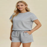 Double Take Full Size Texture Short Sleeve Top and Shorts Set - Khaki